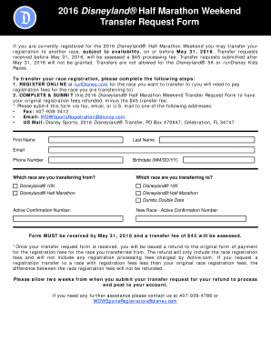 2016 Disneyland Half Marathon Transfer Request Form