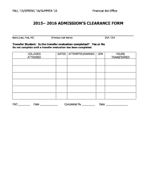 2015-2016 Admission's Clearance Form