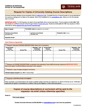 Request for Copies of University Catalog Course Descriptions