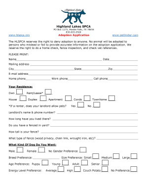 Highland Lakes SPCA Adoption Application