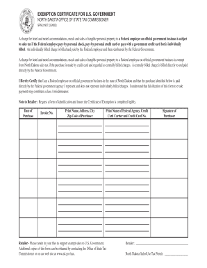 North Dakota US Government Sales Tax Exemption Certificate