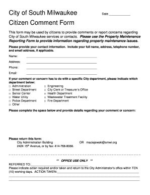City of South Milwaukee Citizen Comment Form