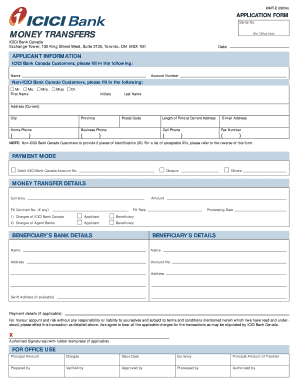 ICICI Bank Canada Money Transfer Application Form