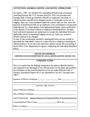 Georgia Hotel/Motel Tax Exemption Certificate