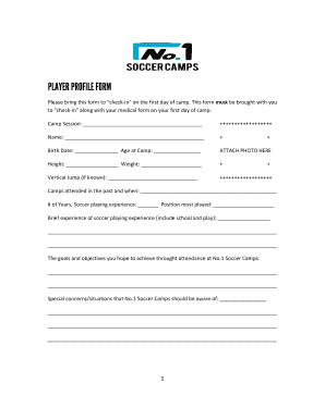 Player Profile Form for No.1 Soccer Camps