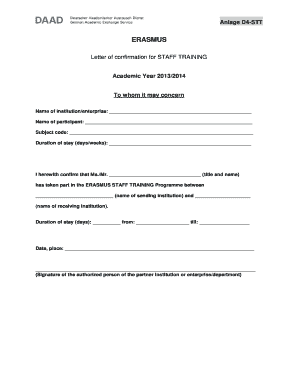 ERASMUS Staff Training Confirmation Letter