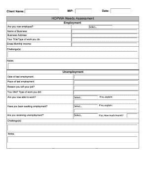 HOPWA Needs Assessment Form