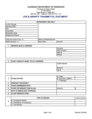 225 LIFE amp ANNUITY TRANSMITTAL DOCUMENT