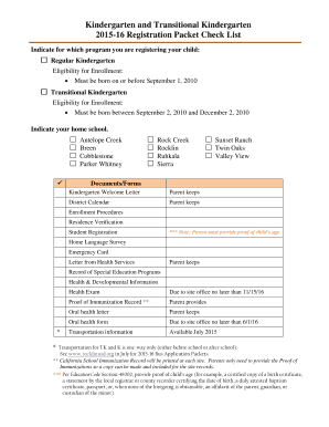 Kindergarten and Transitional Kindergarten Registration Packet