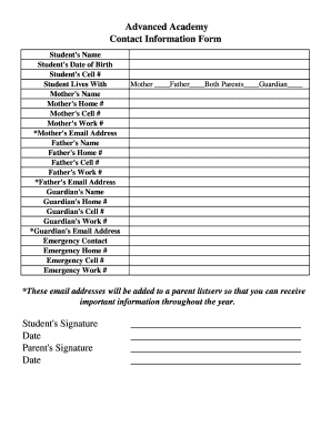 Advanced Academy Student Contact Information Form