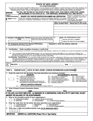 New Jersey W-9 Vendor Questionnaire