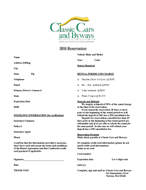 Classic Cars Rental Reservation Form