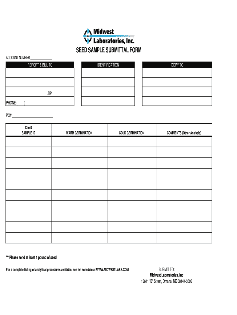 Fillable Online SEED SAMPLE SUBMITTAL FORM Midwest Labs Fax Email