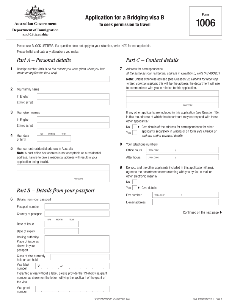 Fillable Online Application For A Bridging Visa B Fax Email Print PdfFiller