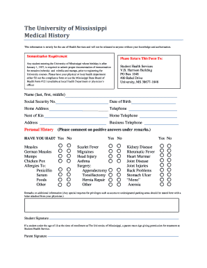 University of Mississippi Medical History Form