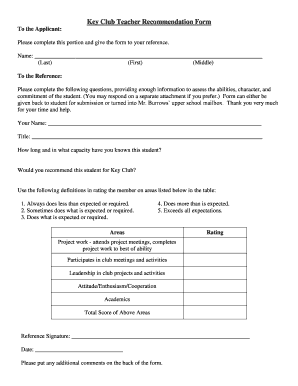 Key Club Teacher Recommendation Form