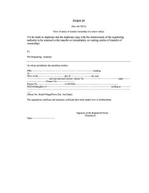 Form 29 Motor Vehicle Ownership Transfer Notice