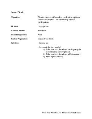 Homelessness Test and Community Service Lesson Plan