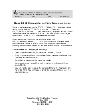 Music EC-12 Representative Form Correction Notice