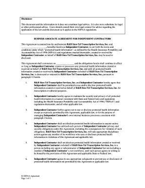 Business Associate Agreement for Independent Contractors