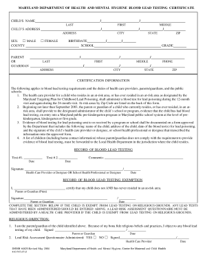 Maryland Blood Lead Testing Certificate