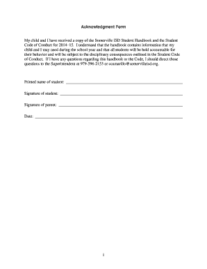 Somerville ISD Student Handbook Acknowledgment Form