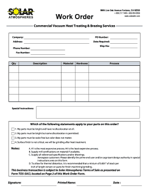 Commercial Vacuum Heat Treating Work Order