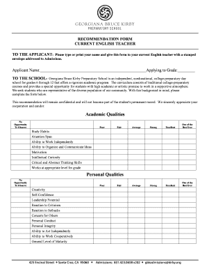 Recommendation Form for Student Admission