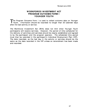 Workforce Investment Act Program Outcome Form I