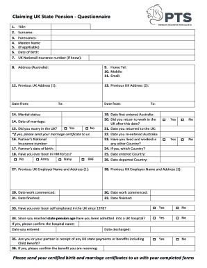 UK State Pension Claim Questionnaire