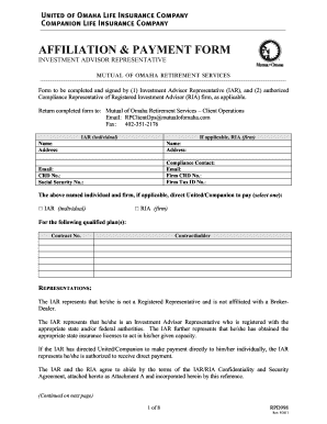 Investment Advisor Affiliation and Payment Form