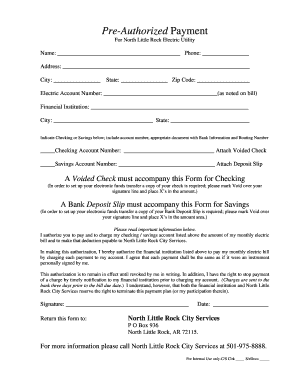Pre-Authorized Payment Form for North Little Rock Electric Utility