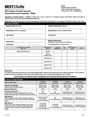 Personal Dental Insurance Application - Texas