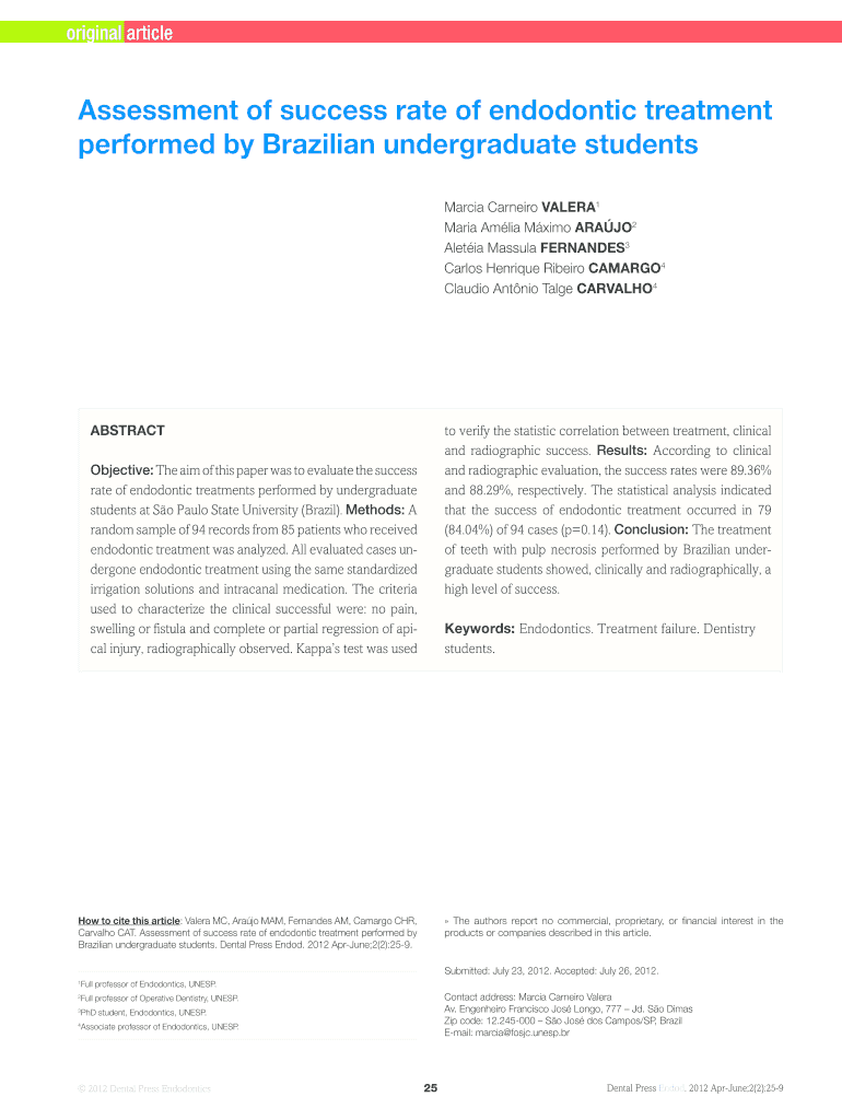 Fillable Online Assessment of success rate of endodontic treatment Fax