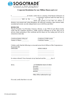 Corporate Resolution for One Million Shares