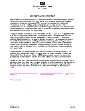 Bozeman Deaconess Hospital Confidentiality Commitment