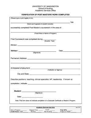Fillable Online VERIFICATION OF POST-MASTERS WORK COMPLETED Fax Email ...