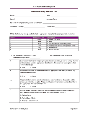 St. Vincent's Nursing Orientation Test