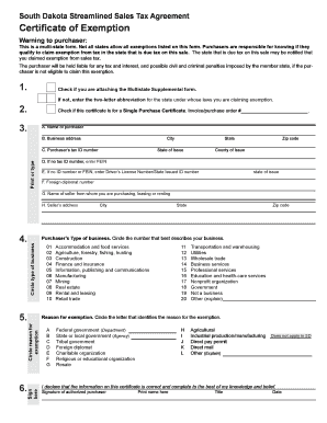 South Dakota Streamlined Sales Tax Agreement Certificate of Exemption