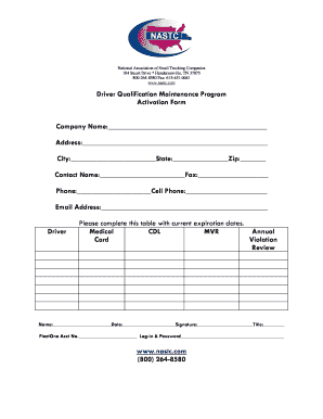 Driver Qualification Maintenance Program Activation Form