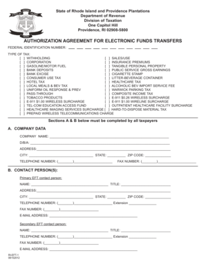 Rhode Island Electronic Funds Transfer Authorization Agreement