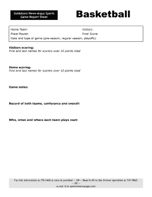 Basketball Game Report Sheet