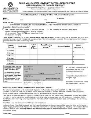 Grand Valley State University Payroll Direct Deposit Authorization