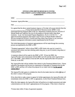 Intoxicated Driver Resource Center Treatment Agency Affiliation Agreement
