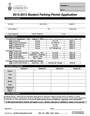 University of Toronto Student Parking Permit Application