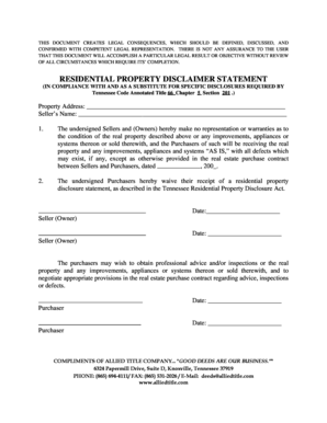 Tennessee Residential Property Disclaimer Statement