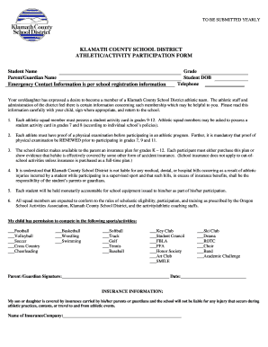 Klamath County School District Athletic Activity Participation Form