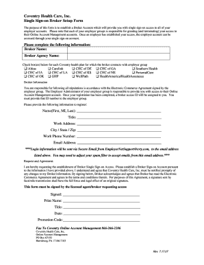 Coventry Health Care Broker Single Sign-on Setup Form