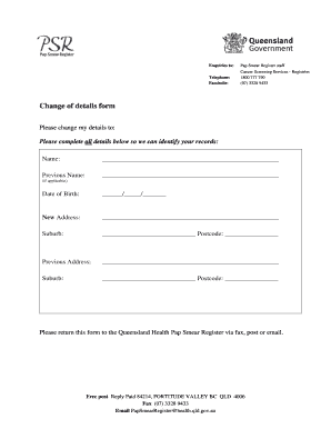 Queensland Pap Smear Register Change of Details Form