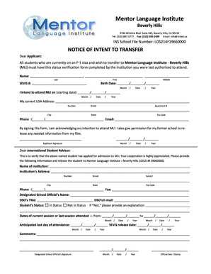 Notice of Intent to Transfer for F-1 Visa Students